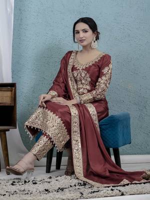 MAROON CHINON SILK  PARTY WEAR SUIT SET  6