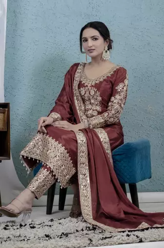 MAROON CHINON SILK  PARTY WEAR SUIT SET 