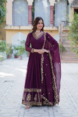 Heavy embroidered georgette fabric wine ceremonial dress 1