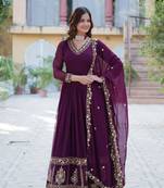 Heavy embroidered georgette fabric wine ceremonial dress