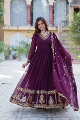 Heavy embroidered georgette fabric wine ceremonial dress 3