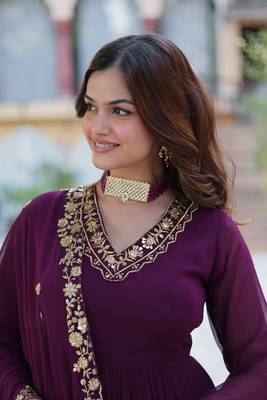 Heavy embroidered georgette fabric wine ceremonial dress 4