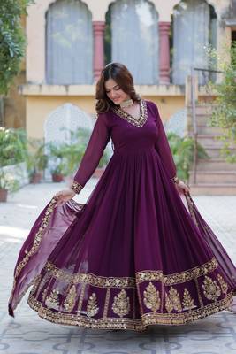 Heavy embroidered georgette fabric wine ceremonial dress 5