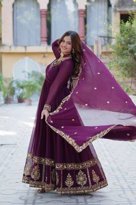 Heavy embroidered georgette fabric wine ceremonial dress 6