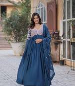 Teal blue designer sequins embroiderd girlie partywear gown with dupatta