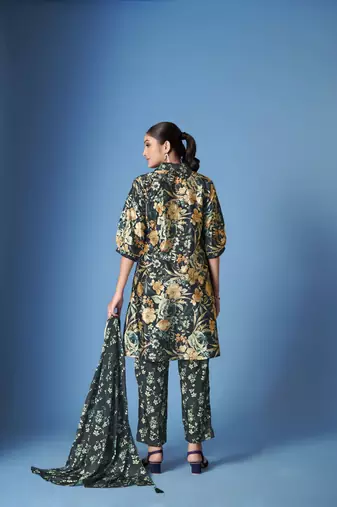 Beautiful black crepe silk kurta set with scarf for classy looks
