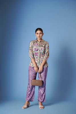 Beautiful purple crepe silk kurta set with scarf for classy looks 1