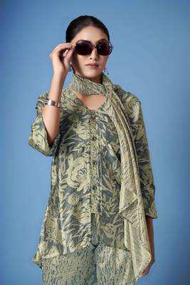 Beautiful grey crepe silk kurta set with scarf for classy looks 3