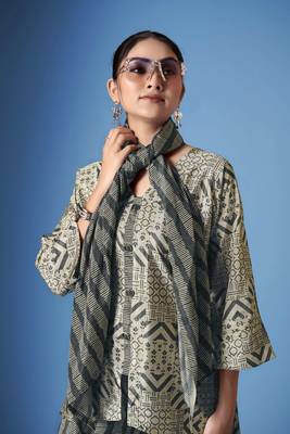 Beautiful grey crepe silk kurta set with scarf for classy looks 3