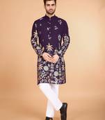 Purple beautiful embroidered men's kurta with trendy style for celebrity looks