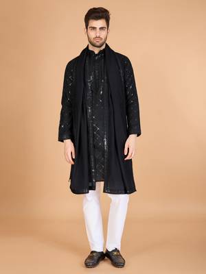 Black viscose silk fabric thread and sequins work ceremonial men's kurta with dupatta 1