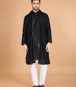 Black viscose silk fabric thread and sequins work ceremonial men's kurta with dupatta