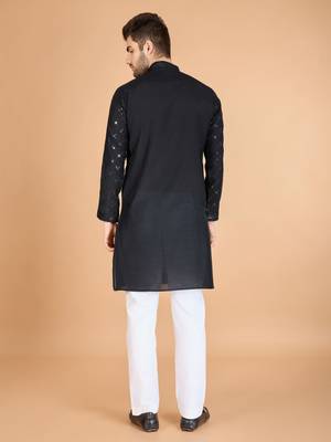 Black viscose silk fabric thread and sequins work ceremonial men's kurta with dupatta 3