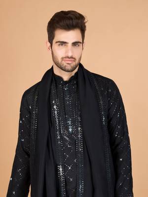 Black viscose silk fabric thread and sequins work ceremonial men's kurta with dupatta 4