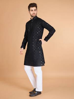 Black viscose silk fabric thread and sequins work ceremonial men's kurta with dupatta 5