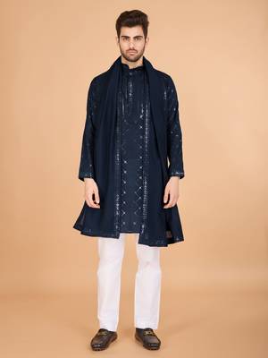 Navy blue viscose silk fabric thread and sequins work ceremonial men's kurta with dupatta 1