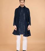 Navy blue viscose silk fabric thread and sequins work ceremonial men's kurta with dupatta