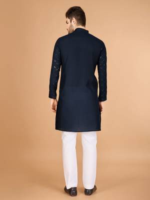 Navy blue viscose silk fabric thread and sequins work ceremonial men's kurta with dupatta 3