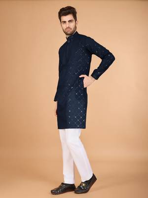 Navy blue viscose silk fabric thread and sequins work ceremonial men's kurta with dupatta 5