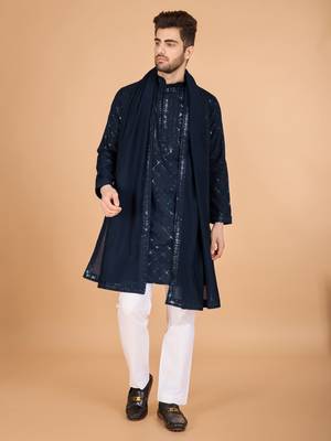 Navy blue viscose silk fabric thread and sequins work ceremonial men's kurta with dupatta 6