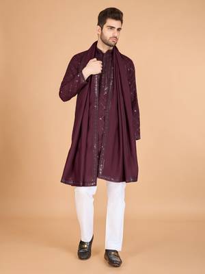 Maroon viscose silk fabric thread and sequins work ceremonial men's kurta with dupatta 1