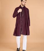 Maroon viscose silk fabric thread and sequins work ceremonial men's kurta with dupatta