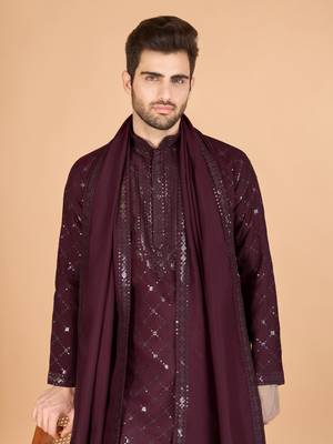 Maroon viscose silk fabric thread and sequins work ceremonial men's kurta with dupatta 4