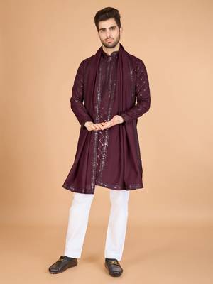 Maroon viscose silk fabric thread and sequins work ceremonial men's kurta with dupatta 5