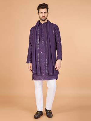 Dusty purple viscose silk fabric thread and sequins work ceremonial men's kurta with dupatta 1