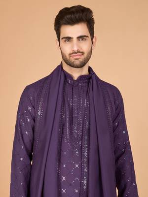 Dusty purple viscose silk fabric thread and sequins work ceremonial men's kurta with dupatta 4