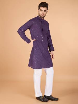 Dusty purple viscose silk fabric thread and sequins work ceremonial men's kurta with dupatta 5