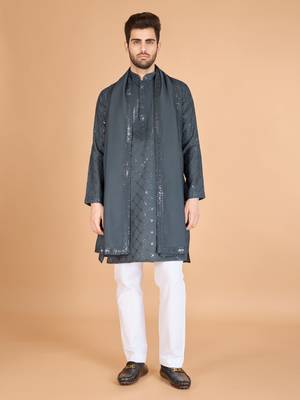 Grey viscose silk fabric thread and sequins work ceremonial men's kurta with dupatta 1