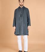 Grey viscose silk fabric thread and sequins work ceremonial men's kurta with dupatta