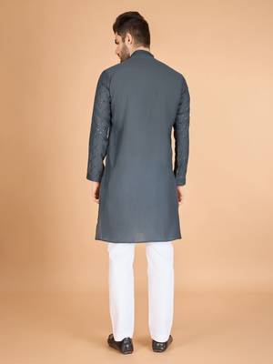 Grey viscose silk fabric thread and sequins work ceremonial men's kurta with dupatta 3