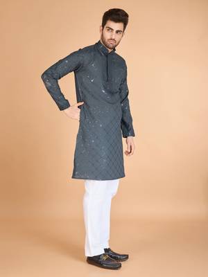Grey viscose silk fabric thread and sequins work ceremonial men's kurta with dupatta 5