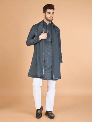 Grey viscose silk fabric thread and sequins work ceremonial men's kurta with dupatta 6