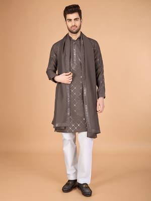 Brown viscose silk fabric thread and sequins work ceremonial men's kurta with dupatta 1