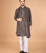 Brown viscose silk fabric thread and sequins work ceremonial men's kurta with dupatta