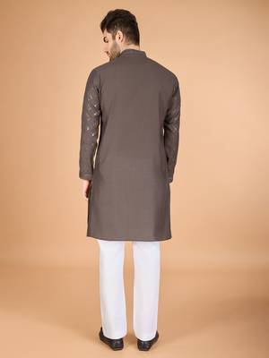 Brown viscose silk fabric thread and sequins work ceremonial men's kurta with dupatta 3