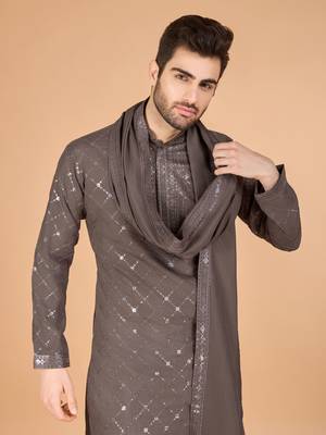 Brown viscose silk fabric thread and sequins work ceremonial men's kurta with dupatta 4