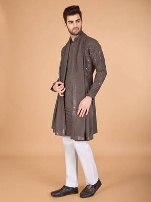 Brown viscose silk fabric thread and sequins work ceremonial men's kurta with dupatta 5