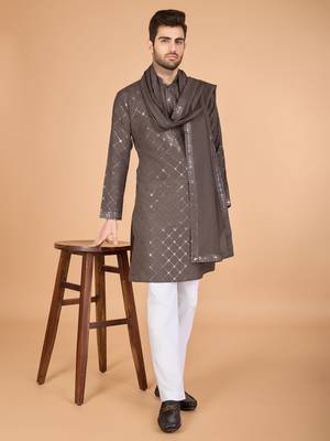 Brown viscose silk fabric thread and sequins work ceremonial men's kurta with dupatta 6