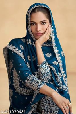 Teal-blue chinon salwar kameez & dupatta set 2