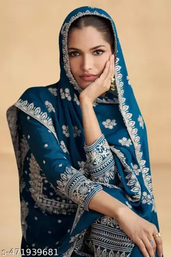 Teal-blue chinon salwar kameez & dupatta set