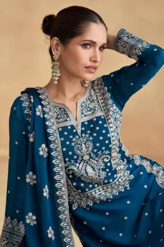 Teal-blue chinon salwar kameez & dupatta set