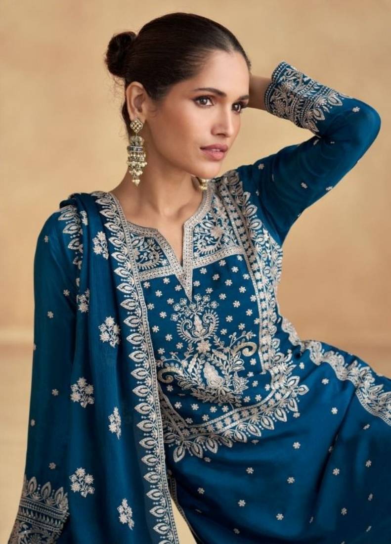 Teal-blue chinon salwar kameez & dupatta set