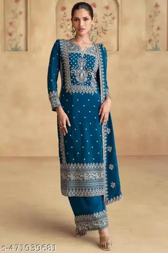 Teal-blue chinon salwar kameez & dupatta set