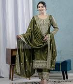 green chinon embroidery party wear suit set  