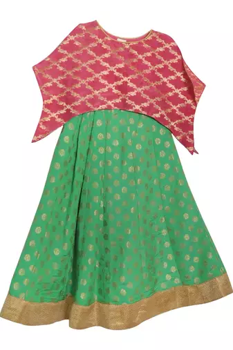 Green butti skirt with pink khatan top