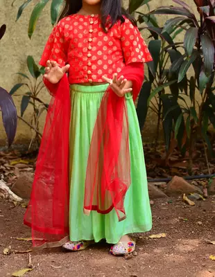 Red top with green skirt 1